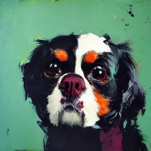Prompt: abstract painting of a black king charles spaniel in bright colours by jeremy mann