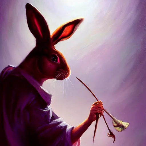 Image similar to oil painting of an anthropomorphic rabbit dressed like a female magician with long ears, holding a top hat and a magic wand, urban fantasy art by seb mckinnon, artstation npc character design, top - rated