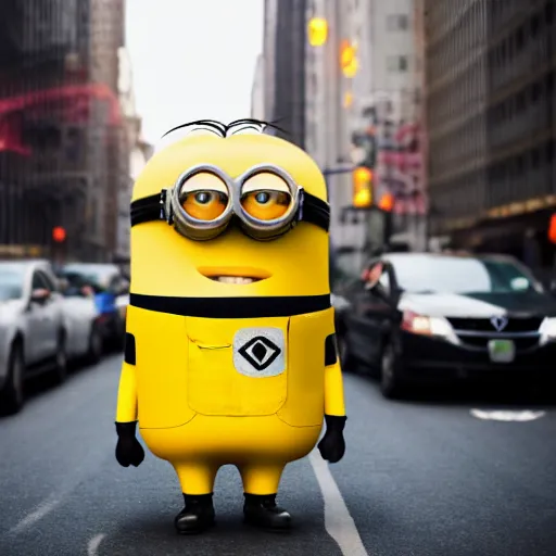 Prompt: 4 k photo of a giant minion walking in new york city, tourists are running in fear