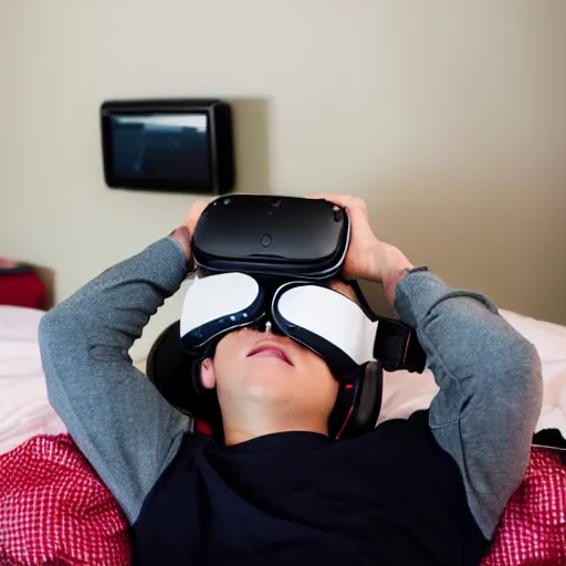 Image similar to a stock photo of a teenage boy laying in bed with a bunch of stuff wearing a VR-headset, featured on flickr, cluttered room