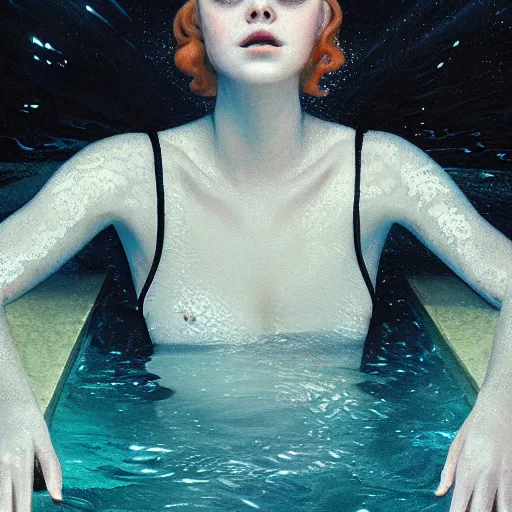 Prompt: silhouette of a Elle Fanning underwater in a pool, pitch black room, extremely detailed masterpiece, oil on canvas, low-key neon lighting, artstation, Blade Runner 2049, Roger Deakin’s cinematography, by J. C. Leyendecker and Peter Paul Rubens,