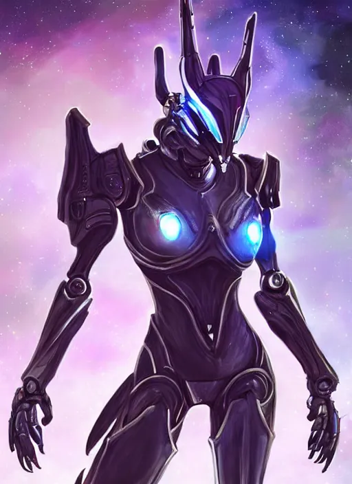 Image similar to cinematic shot, cosmic sized perfectly proportioned stunning beautiful hot female warframe, robot mecha female dragon head, metal ears led eyes, silver armor, fuschia leds, floating in empty space, nebula sized, holding a galaxy, epic proportions, epic size, epic scale, furry art, dragon art, giantess art, warframe fanart, furaffinity, deviantart