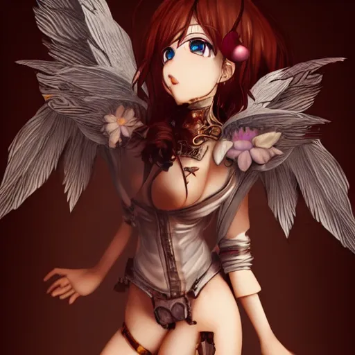 Prompt: anime girl with copper steampunk wings winking, extremely detailed, cinematic lighting, portrait, beautiful, sky,