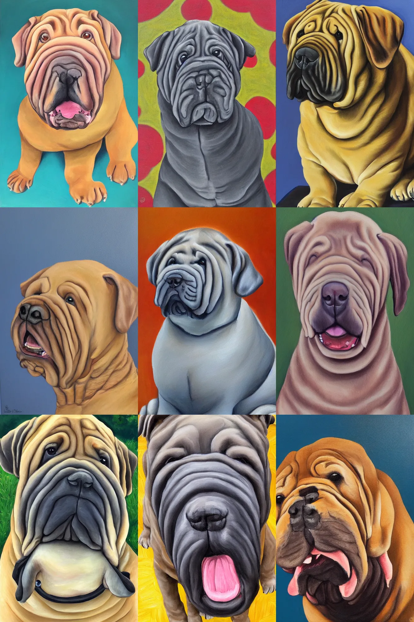 Prompt: portrait of a happy shar pei dog oil painting. the dog is very happy. glad. ecstatic. joyful.