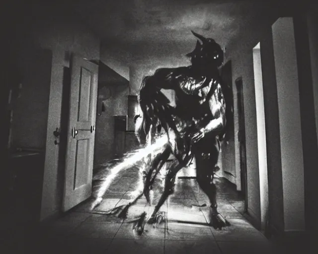 Prompt: horror demon evil transparent spirit attacks in kitchen interior photo shot on iphone, dynamic pose, middle body shot, sharp focus, grainy, corpse, paranormal flashlight, night, total darkness, poltergeist, aberrations,