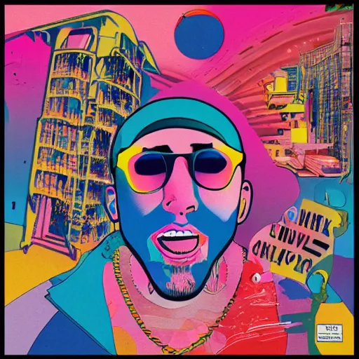 Prompt: a Vinyl cover for an album by rapper mac miller, creative, colorful