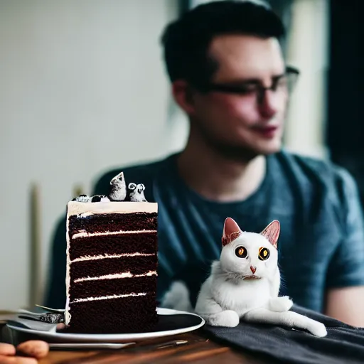 Image similar to a sinister cat sitting on a lap of a man looking at a chocolate cake on a table, photography, award - winning, hyper detailed, 4 k, smooth, sharp focus, trending
