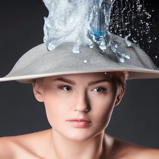 Image similar to a beautiful hat made out of a splashing water, on a mannequin. high quality, high resolution, studio lighting