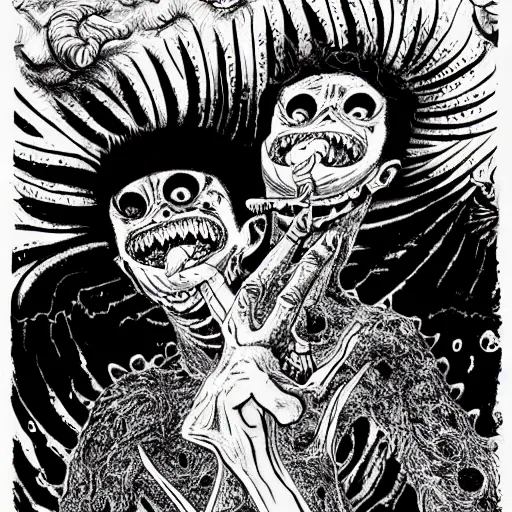 Prompt: black and white illustration creative design, monster, junji ito, body horror