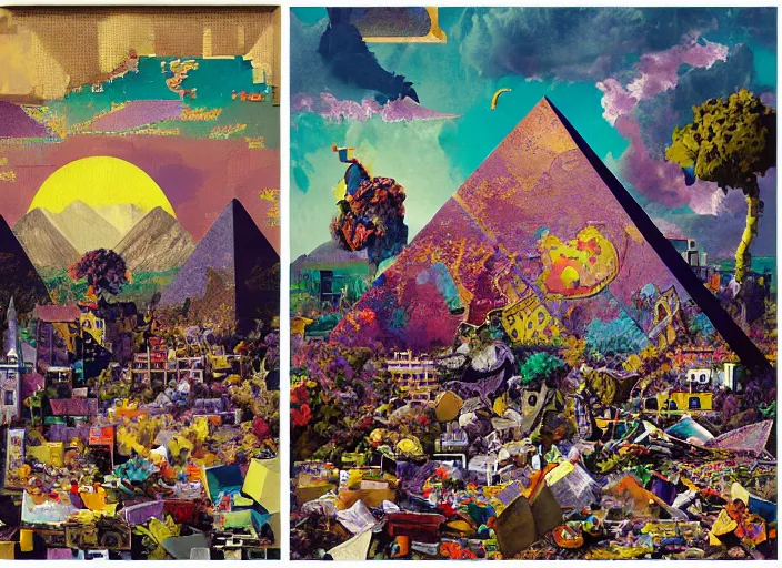 Prompt: “pixel art, decollage, dumpster with colorful huge baroque trash can, montain view landscape with a semitranslucent inverted floral pyramids, opaque shattered windows and twisted porcelain bats, in a golden sunset sky, by adrian ghenie, francis bacon, daniel richter and hilma af klint, extremely detailed, graffiti letters, children painting, amateur, 8k”