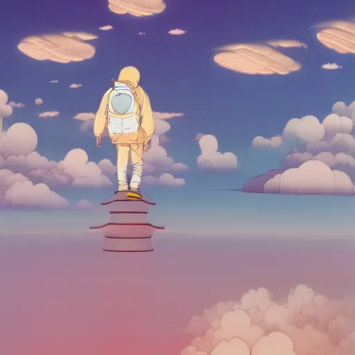 Image similar to a man walking on clouds above kyoto by takashi murakami, beeple and james jean, aya takano color style, 4 k, super detailed