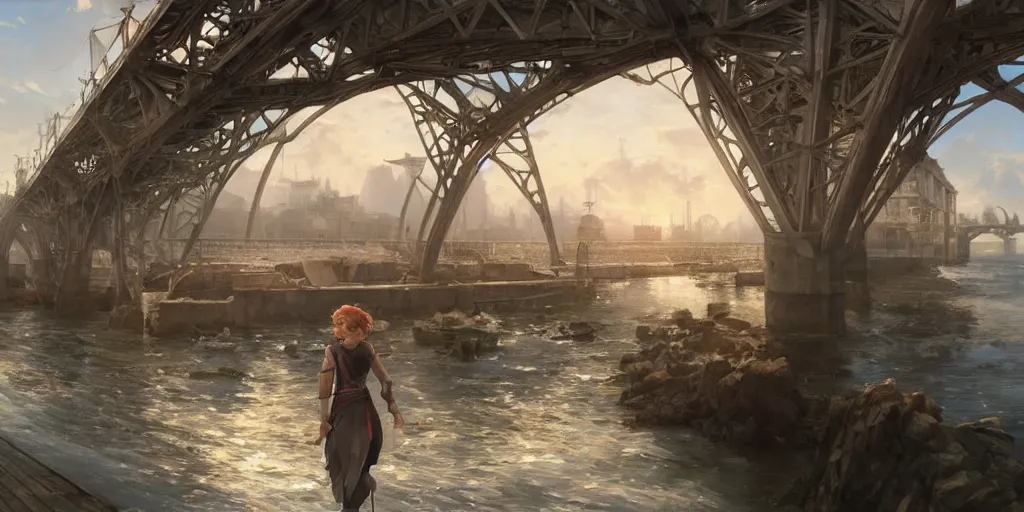 Image similar to empty seaside village bridge into a port town in the distance, pokemon sword and sheild, bright future, social realism, highly detailed, digital painting, artstation, concept art, matte, sharp focus, illustration, art by artgerm and greg rutkowski and alphonse mucha