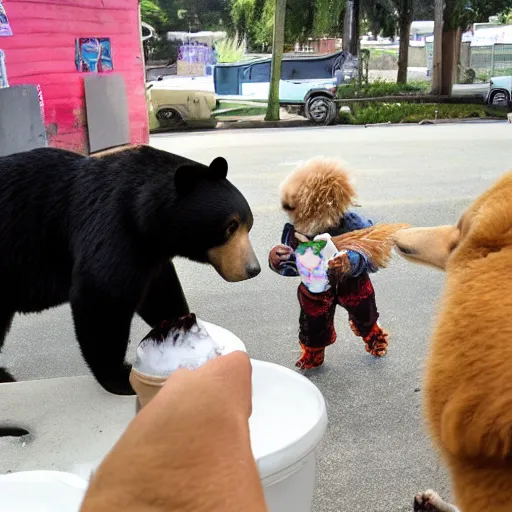 Image similar to a cool bear handing ice cream out to needy puppies