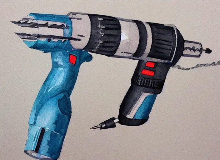 Image similar to concept art of a electril drill tool, pinterest, artstation trending, behance, watercolor, by coby whitmore, silver, laser light,