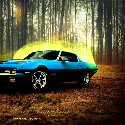 Image similar to pontiac firebird with angelic wings, dramatic, cinematic, forest, volumetric lighting