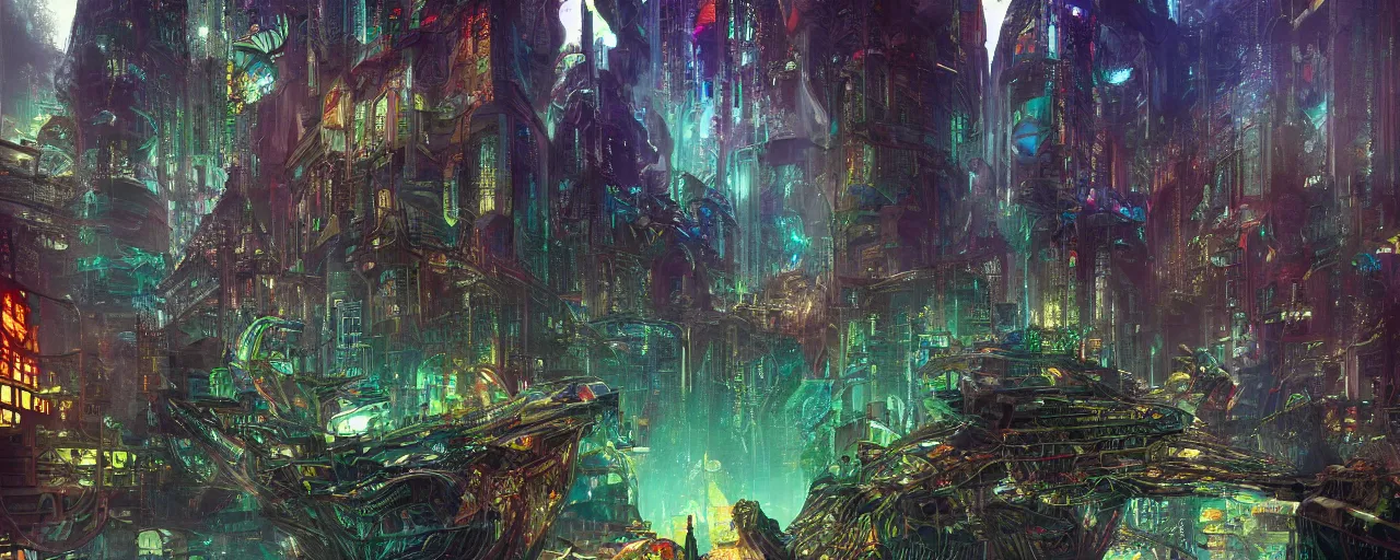 Image similar to dichroic ultra realistic illustration of beautiful ruination futuristic cyberpunk flooded kowloon, epic composition, accidental baroque golden ratio, by roger dean graffiti art, scifi, fantasy, hyper detailed. concept sketch. concept art. trending on artstation