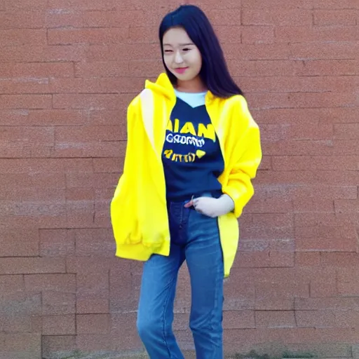 Image similar to an asian girl wearing a bright yellow hoodie with pikachu ears, full body shot,