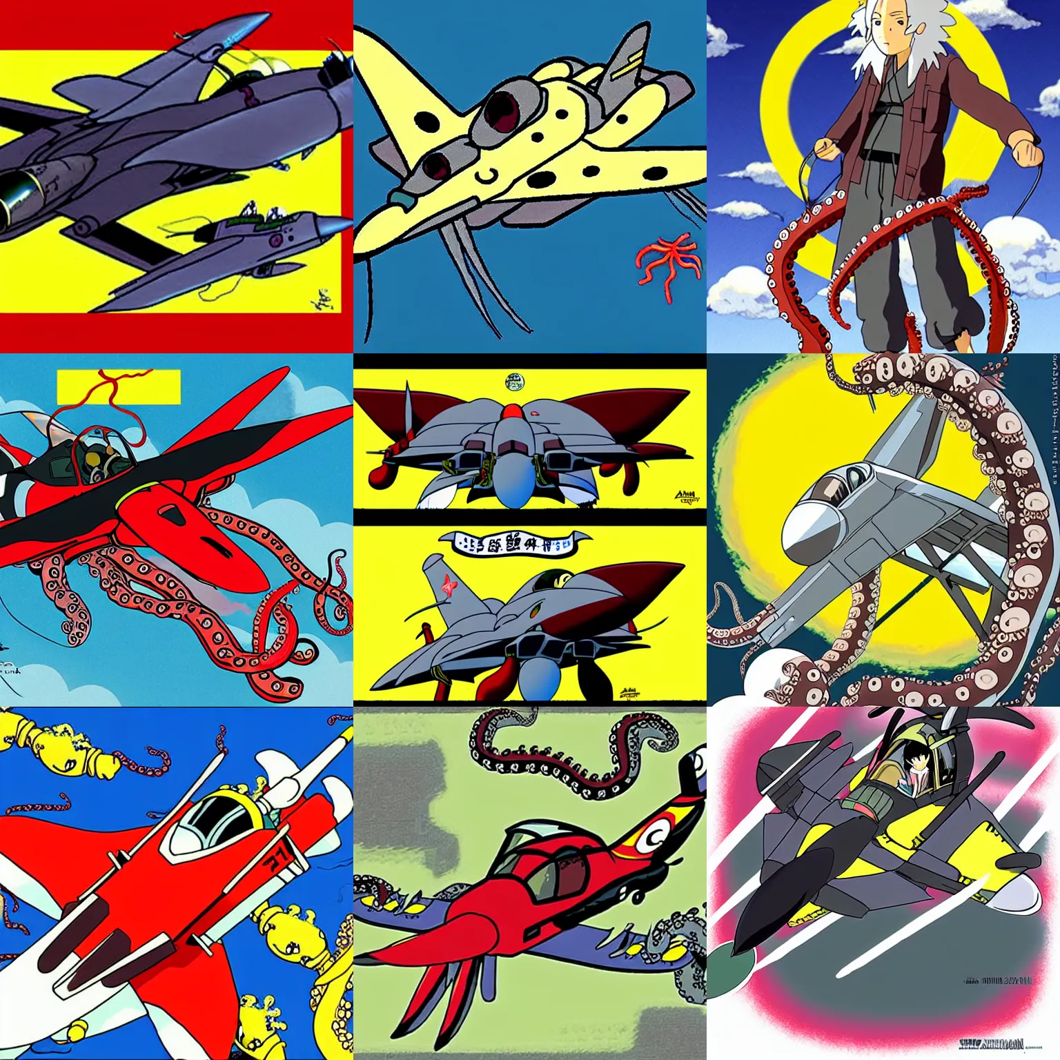 Prompt: studio ghibli fighter jet in kill bill with octopus tentacles in the style of andrew jackson