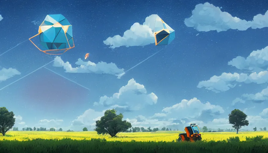 Image similar to hexagon in the sky, wheat field, harvesting machine, big tree, matte painting, art station, blue sky, simon stalenhag