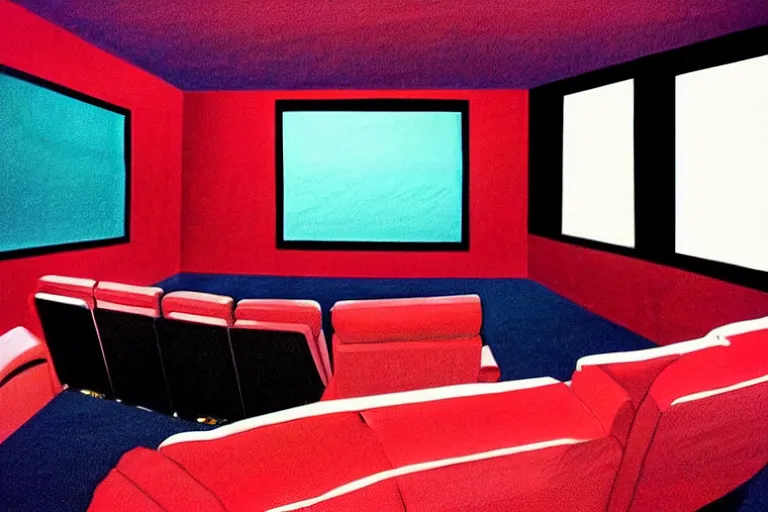 Image similar to wide view, a modern home movie theater, comfortable, stylish decor, popcorn machine!, movie posters!, very happy, interior designed by kelly wearstler, rough color pencil illustration by conrad roset