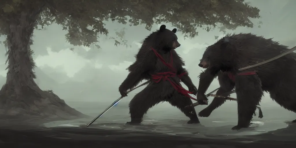 Image similar to an environmental concept art of samurai anthropomorohic black bear, samurai duel, sakura petals blowing in the wind, highly detailed, environmental light, epic, 8 k, artstation, deviantart, award winning, cinematic by francis tneh