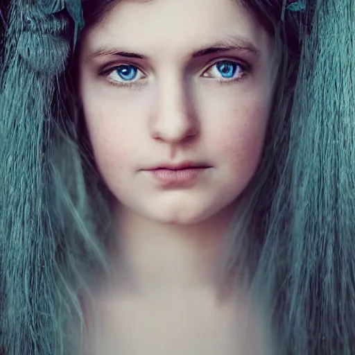 Image similar to A stunningly beautiful high key studio portrait adorable young curvy elven princess with Steve McCurry blue eyes. Pale skin.