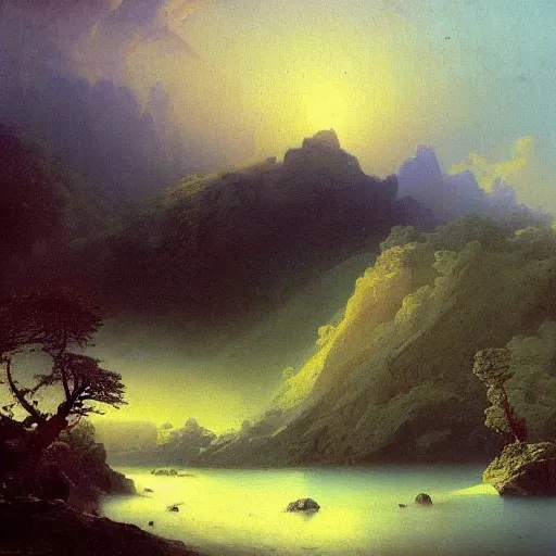 Image similar to painting of a lush natural scene on an alien planet by ivan aivazovsky. beautiful landscape. weird vegetation. cliffs and water.