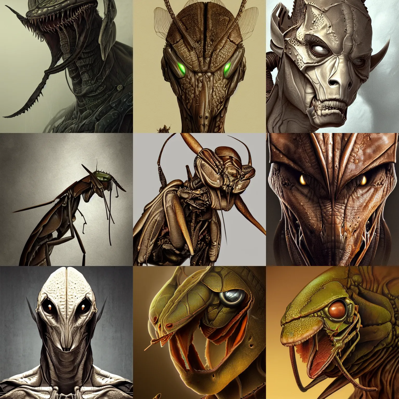 Prompt: studio portrait of anthropomorphic brown mantis, flat pancake triangular head, intimidating, strong, ultrafine hyperrealistic detailed face illustration, dark science fiction, intricate, highly detailed, trending on artstation, concept art, smooth, sharp focus, darker colors, rpg rulebook illustration, art by raymond swanland