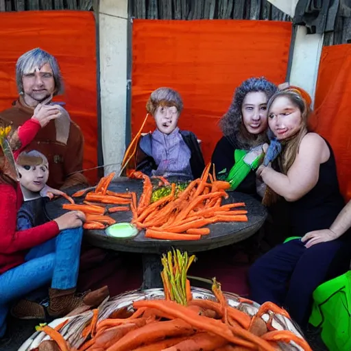 Image similar to family of humanoid carrot cannibals sit at a table with a single carrot at the center, photograph