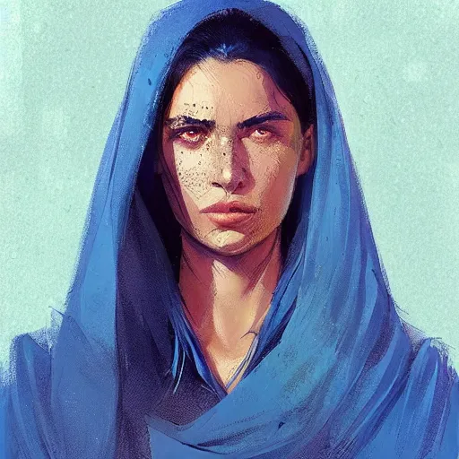 Prompt: Portrait of a woman by Greg Rutkowski, she is about 30 years old, middle eastern features, freckles, black straight hair, attractive, annoying sister vibes, she is wearing blue utilitarian jumpsuit, highly detailed portrait, digital painting, artstation, concept art, smooth, sharp foccus ilustration, Artstation HQ.