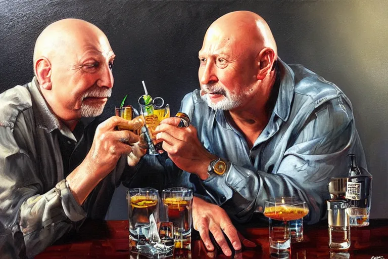 Image similar to portrait of tom atkins and donald pleasents drinking tequila shots, an oil painting by ross tran and thomas kincade