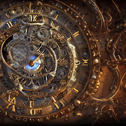 Image similar to Ultra-detailed cinematic render, of a fantasy steampunk time machine, intricate clock gears, octane render, high quality, ornate gems, 8k, by greg rutkowsky, volumetric lighting