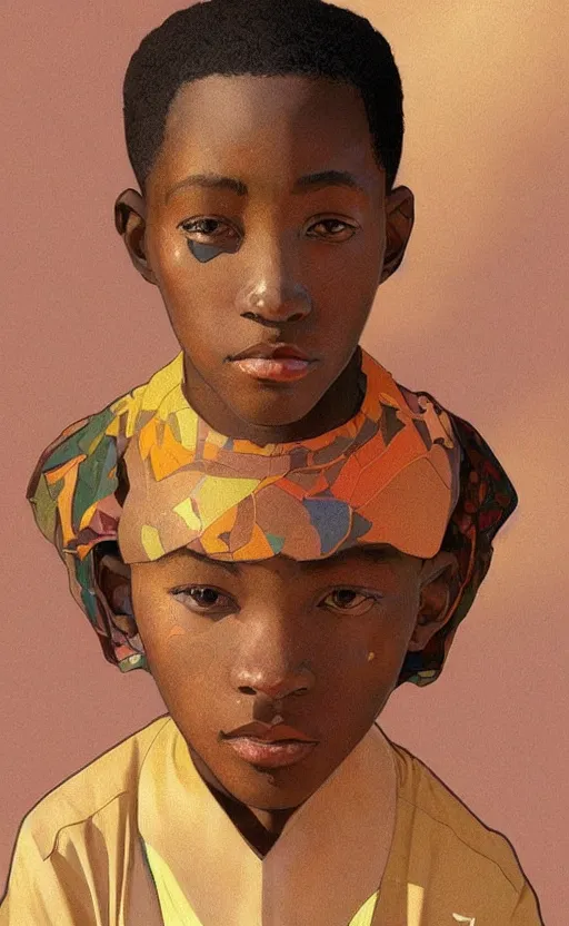 Image similar to colourful upper half portrait of an african boy, art by hsiao - ron cheng & alphonse mucha, highly detailed, digital painting, ray tracing, concept art, illustration, smooth sharp focus, intricate, symmetry, artstation,