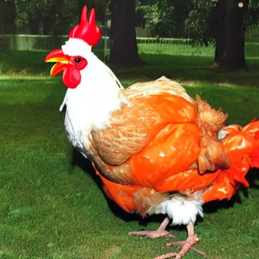 Image similar to chicken dressed as an inmate, real photo