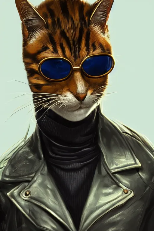 Prompt: Cat wearing sunglasses and a leather jacket, digital painting, highly detailed, artstation, concept art, smooth, sharp focus, illustration.
