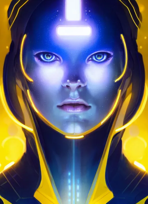 Image similar to symmetry portrait, sci - fi, tech wear, blue and yellow glowing lights, intricate, elegant, highly detailed, digital painting, artstation, concept art, smooth, sharp focus, illustration, art by artgerm and greg rutkowski and alphonse mucha