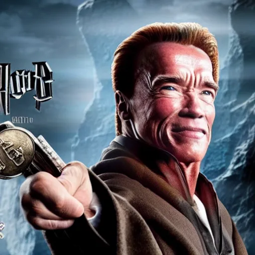 Prompt: Arnold Schwarzenegger as Harry Potter, 4k movie screen capture, high detail