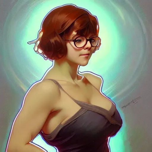 Prompt: art by artgerm and greg rutkowski and alphonse mucha. clear portrait of velma dinkley!! blonde, modest full - figured holy body!! strong, tall, light effect. hyper detailed, glowing lights!! intricate, elegant, digital painting, artstation, smooth, sharp focus