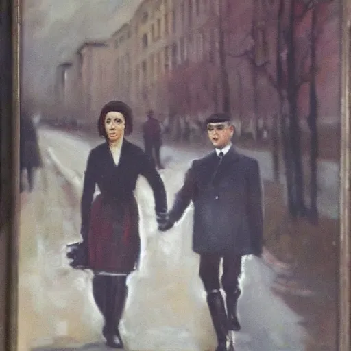 Image similar to an oil panting of a young hitler with her girlfriend, walking in berlin