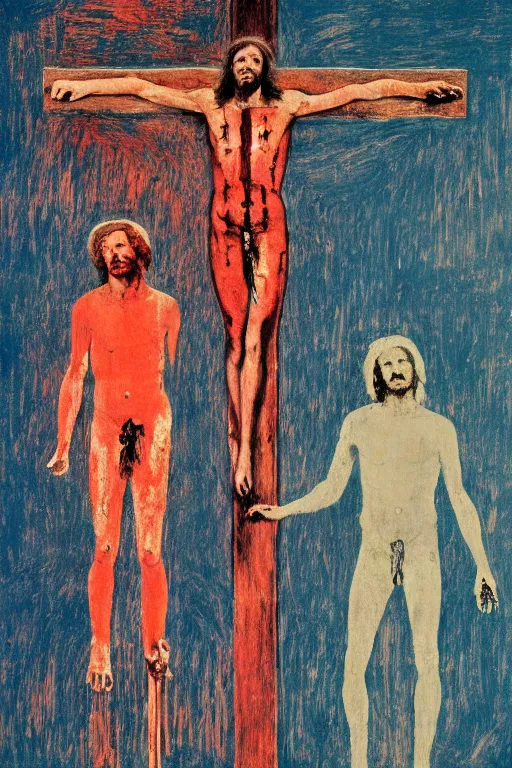 Image similar to bloody christ crucified and the light of god in the sky painted by cy twombly and andy warhol