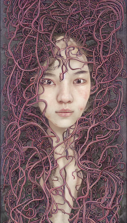 Image similar to very detailed portrait of a 2 0 years old girl surrounded by tentacles, the youg woman visage is blooming from fractal and vines, by zeng fanzhi