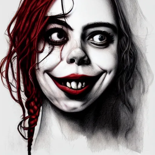 Prompt: surrealism grunge cartoon portrait sketch of billie eilish with a wide smile and a red balloon by - michael karcz, loony toons style, pennywise style, horror theme, detailed, elegant, intricate