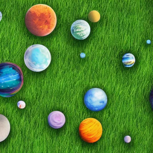 Prompt: Tiny floating planets made of green grass and streets with intersections where funny pill-shaped people hop around, planets surrounded by space and stars