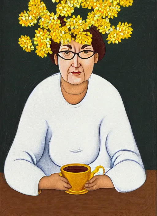 Prompt: portrait of middle aged woman sitting in a table with a hot cup of tea, small wide smile, mandel eyes, glasses, smooth skin, small plump lips, oval face, wrinkled big cheeks, calming white background of a kitchen with yellow flowers, cheerful colours, oil painting, artstyle of michelangelo