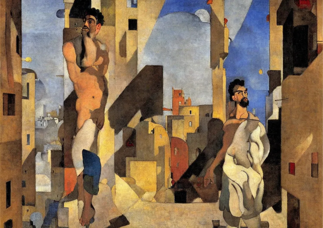 Prompt: a latino greek god following a watchful light through the streets of a city, muted color scheme, sparse detail, by george luks, joan miro and moebius