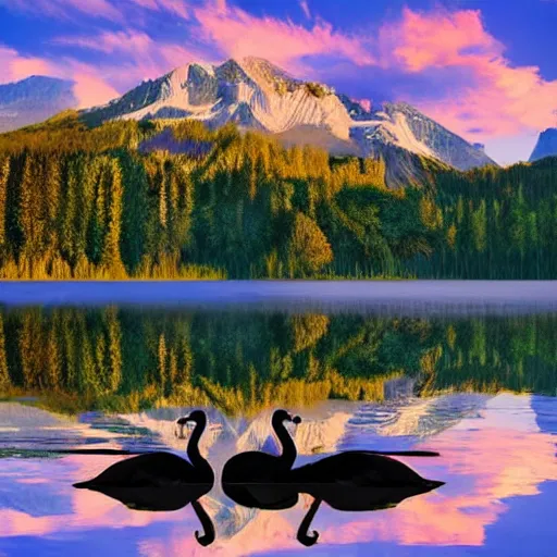 Image similar to photo of two black swans touching heads in a beautiful reflective mountain lake, a colorful hot air balloon is flying above the swans, hot air balloon, intricate, 8k highly professionally detailed, HDR, CGsociety