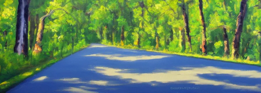 Image similar to road summer, trip style, soft lightning, green trees, oil painting by olga sacharoff