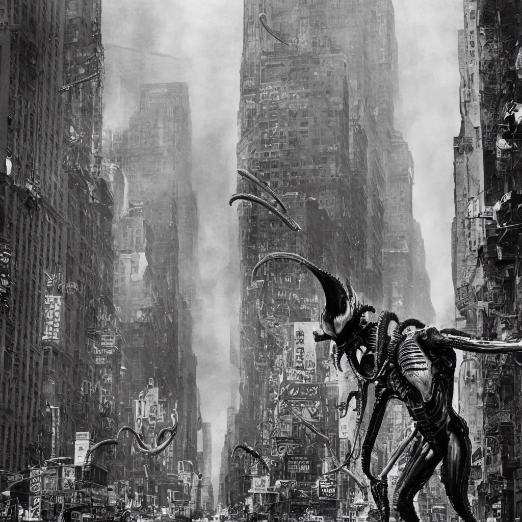 Image similar to old black and white photo, 1 9 1 3, depicting a xenomorph from the movie aliens rampaging through the bustling streets of new york city, historical record