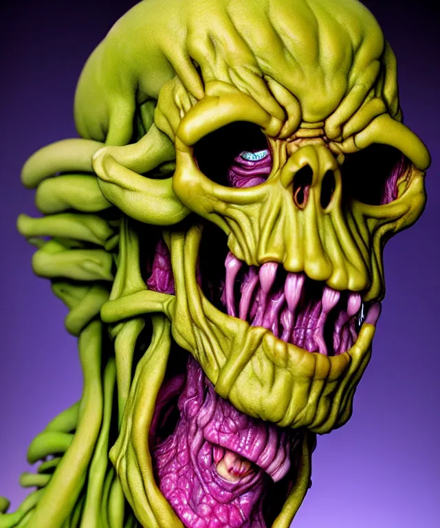 Image similar to hyperrealistic rendering, cronenberg flesh monster skeletor by art of skinner and richard corben and jeff easley, product photography, action figure, sofubi, studio lighting, colored gels