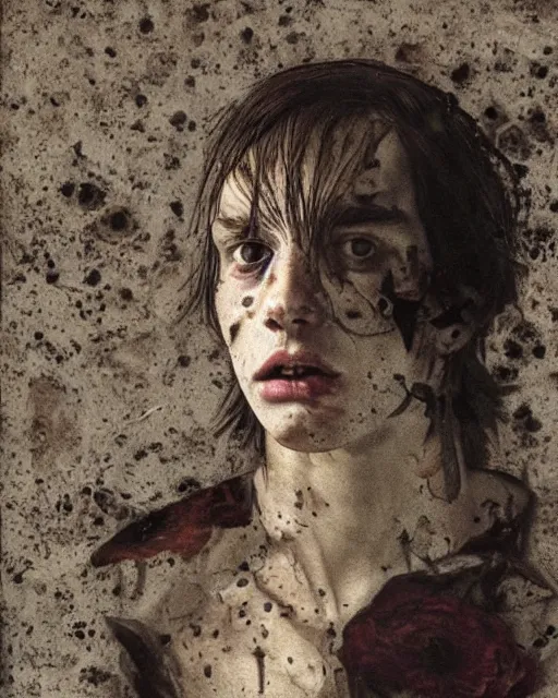 Prompt: a beautiful and eerie baroque painting of a beautiful but serious young man in layers of fear, with haunted eyes and freckles, 1 9 7 0 s, seventies, peeling wallpaper, wilted flowers, morning light showing injuries, delicate ex embellishments, painterly, offset printing technique